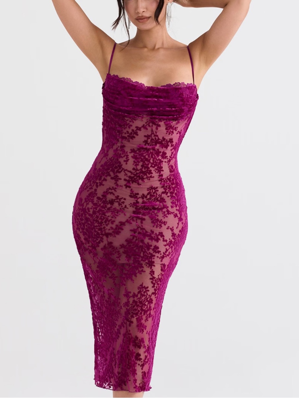 House of CB Ione Cranberry Devore Midi Mesh Burnout Velvet Style Dress Size: S